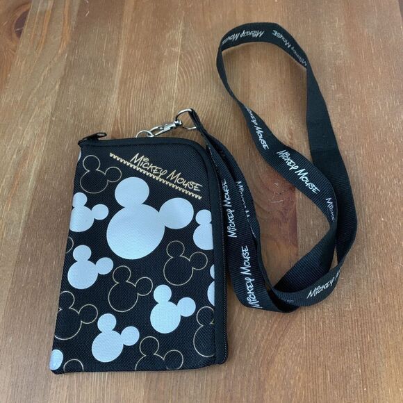 DISNEY Mickey Mouse Black Silver Gold Wallet Clutch Bag Wristlet Lanyard - Picture 1 of 4